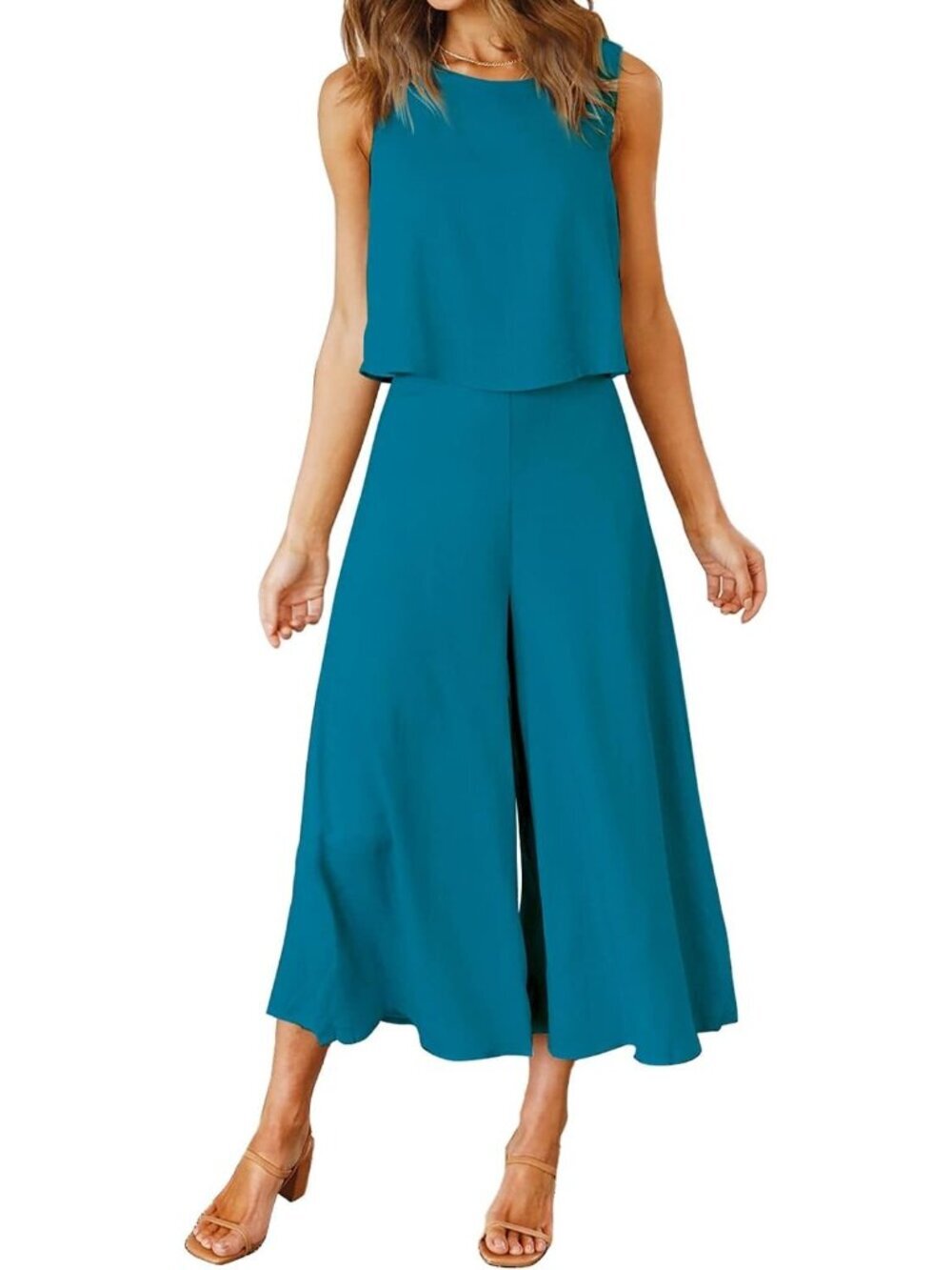 Women's Summer 2 Piece Lake Blue Round Neck Crop Top Cropped Wide Leg Jumpsuit